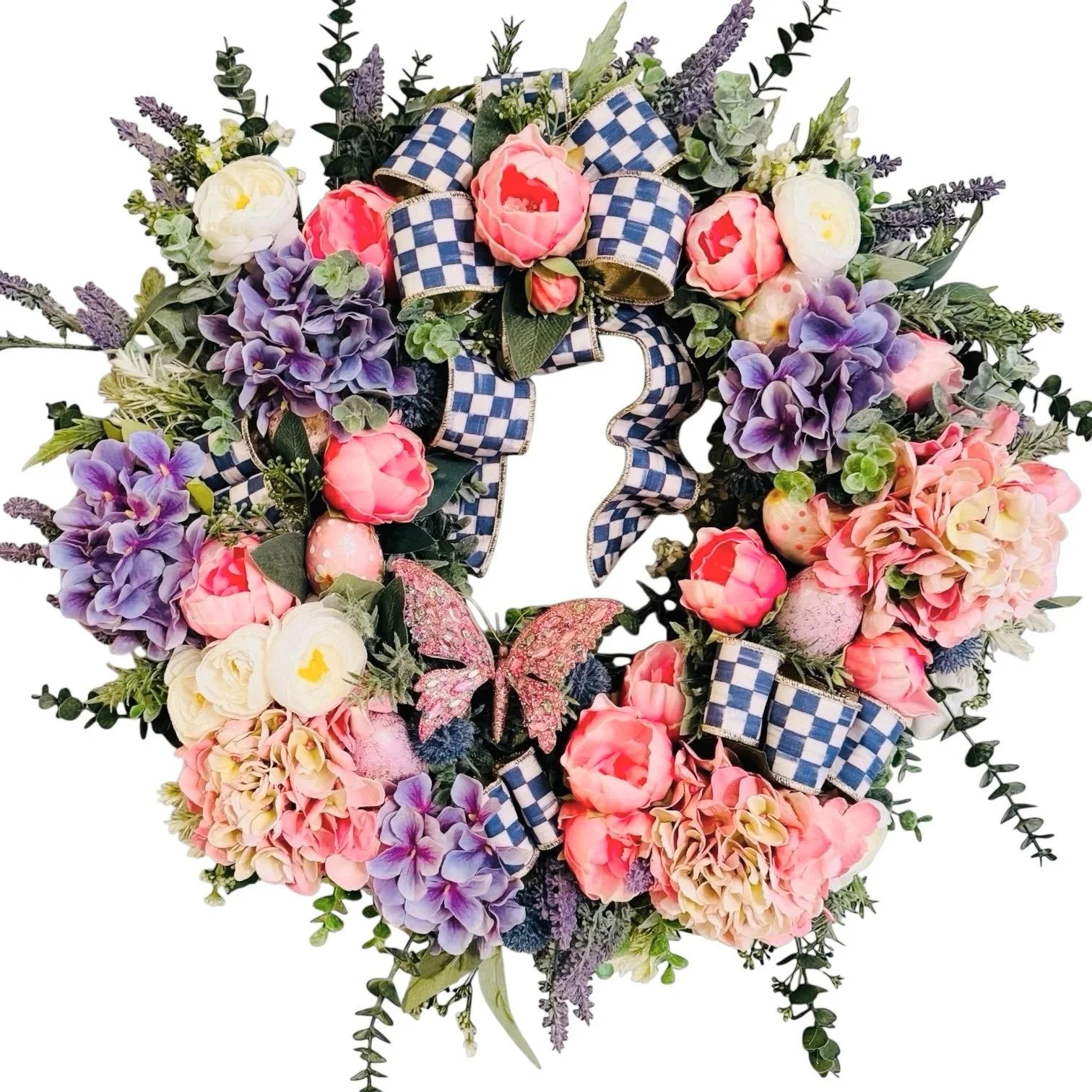 Spring Fling front door wreath. A one-of-a-kind design in our Ultra Luxe Collection, featuring Pink and Purple "real touch florals," Mackenzie-Childs Violet Check ribbon & a jeweled butterfly by Marc Roberts.  Exclusively By Uniquely Yours