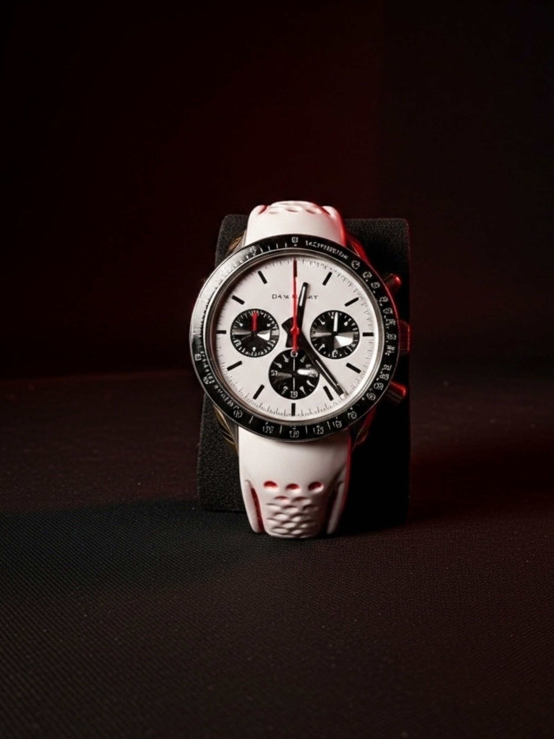 A wristwatch with a white strap and black bezel, displaying a white dial with three smaller black subdials, in a dark setting with red lighting accents.