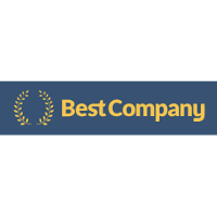 Logo for Best Company with gold laurel wreaths and yellow text on a blue background.