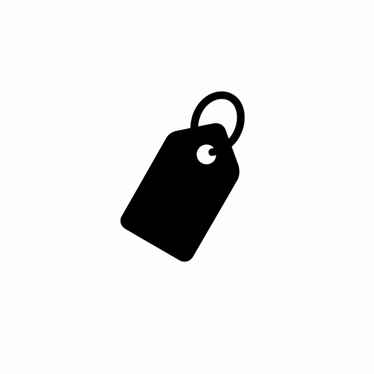 Silhouette of a price tag or luggage tag with a loop at the top, on a plain white background.