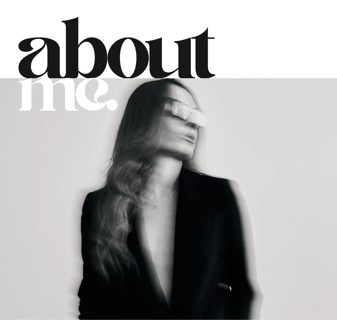 Black and white photo of a woman wearing glasses, looking away, with long wavy hair, and the word 'about' in large bold letters at the top and 'me.' underneath.