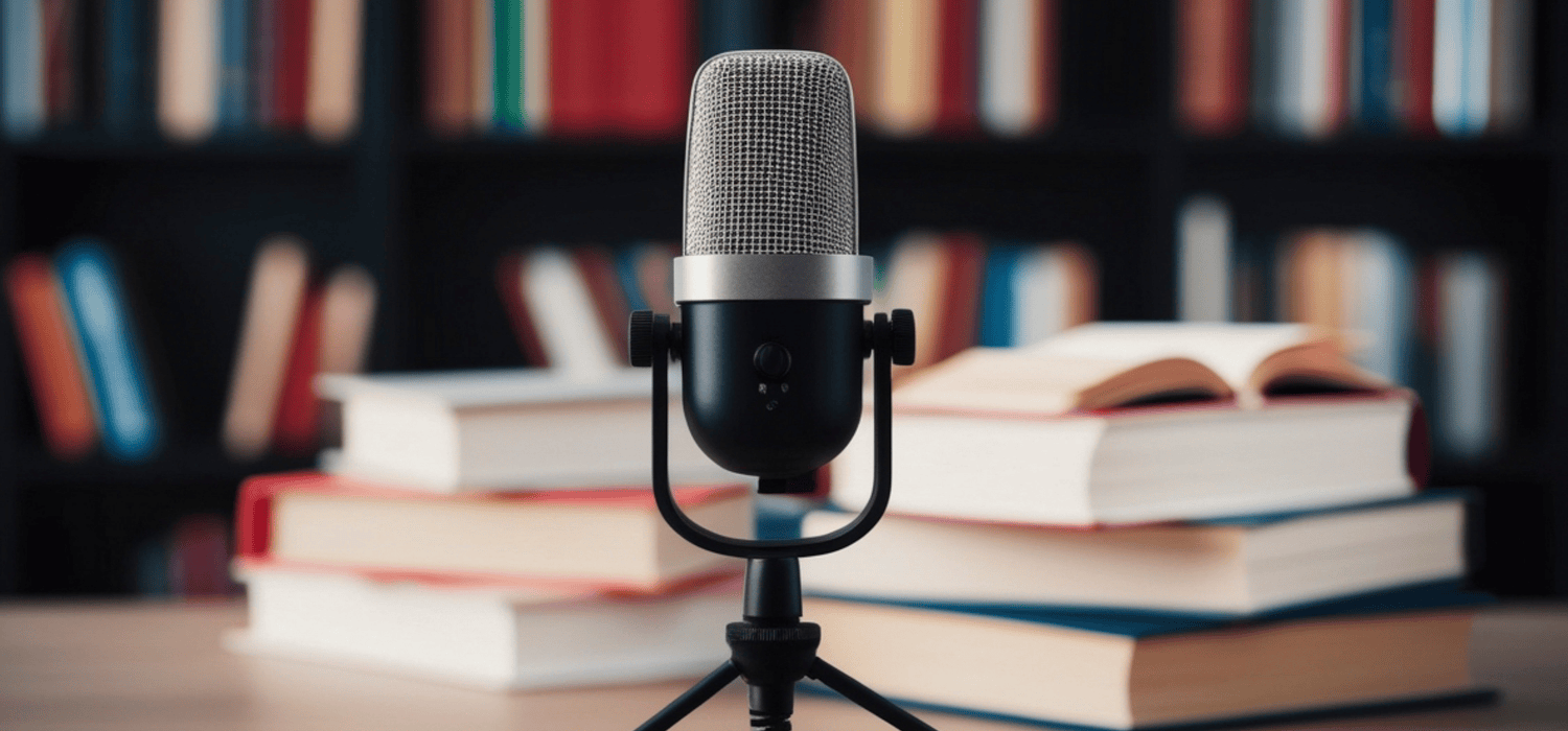 Microphone in front of bookshelves