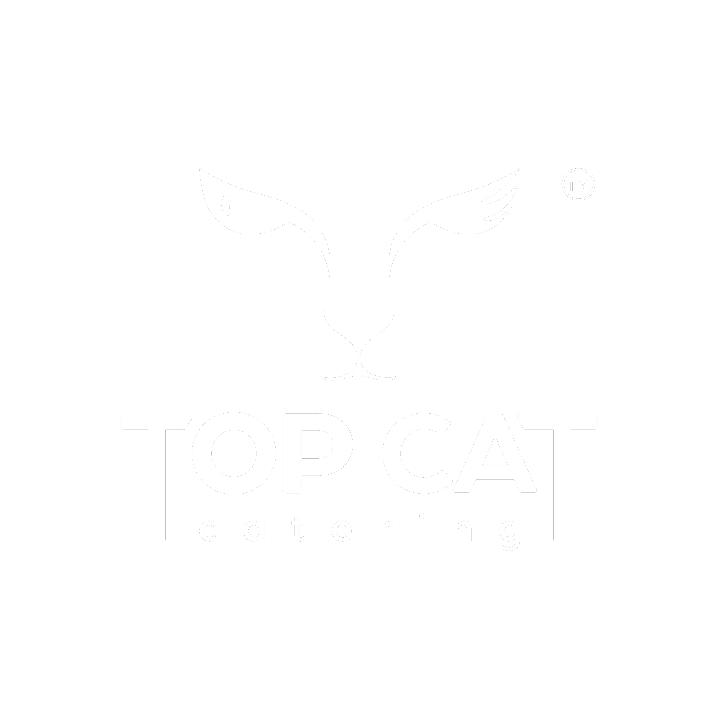 The logo of Top Cat Catering, featuring a stylized black cat face with white sharp eyes, a nose, and a small mustache, along with the business name in white text.