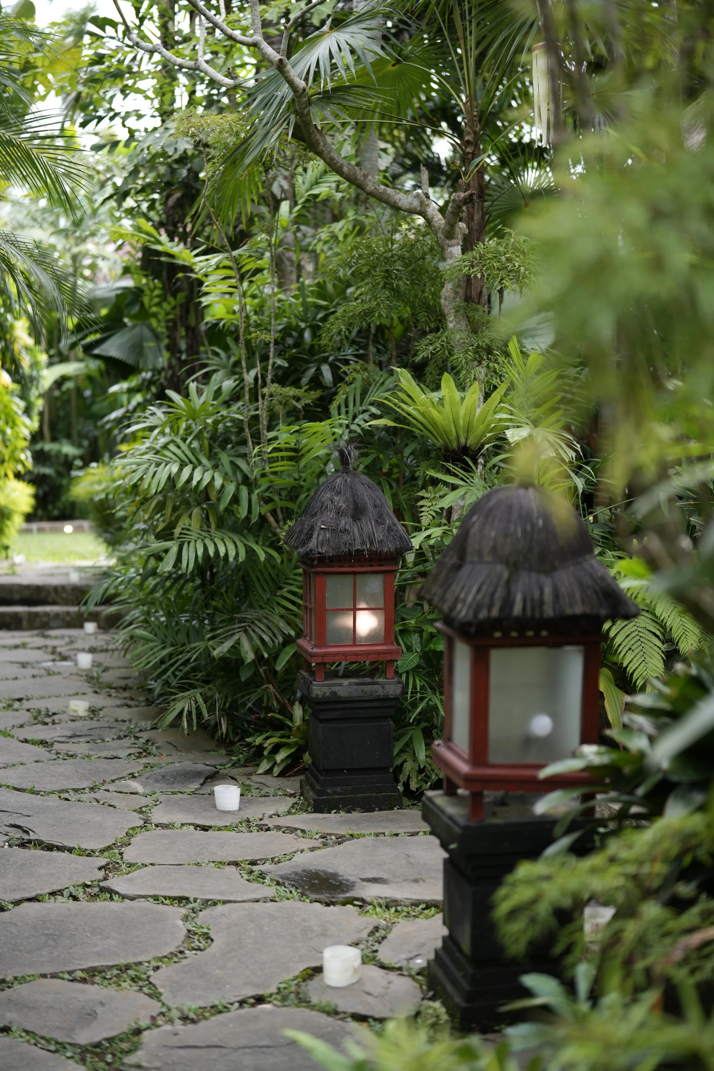 A lush garden with a stone pathway, traditional Japanese-style lanterns, and abundant green foliage including various trees and plants.
