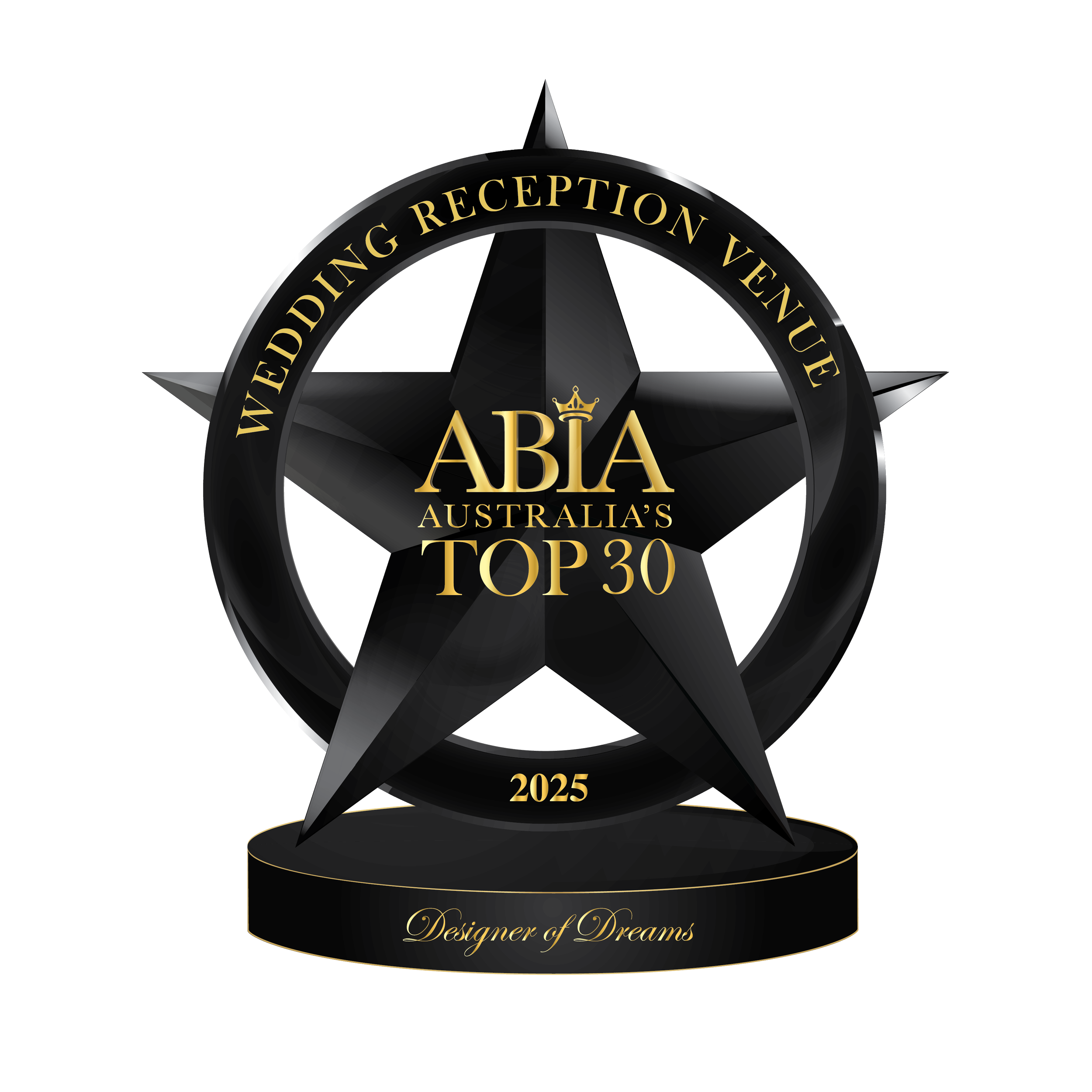 A black and gold award trophy with a star shape and the text 'Top 30' and 'Designer of Dreams' engraved on it.