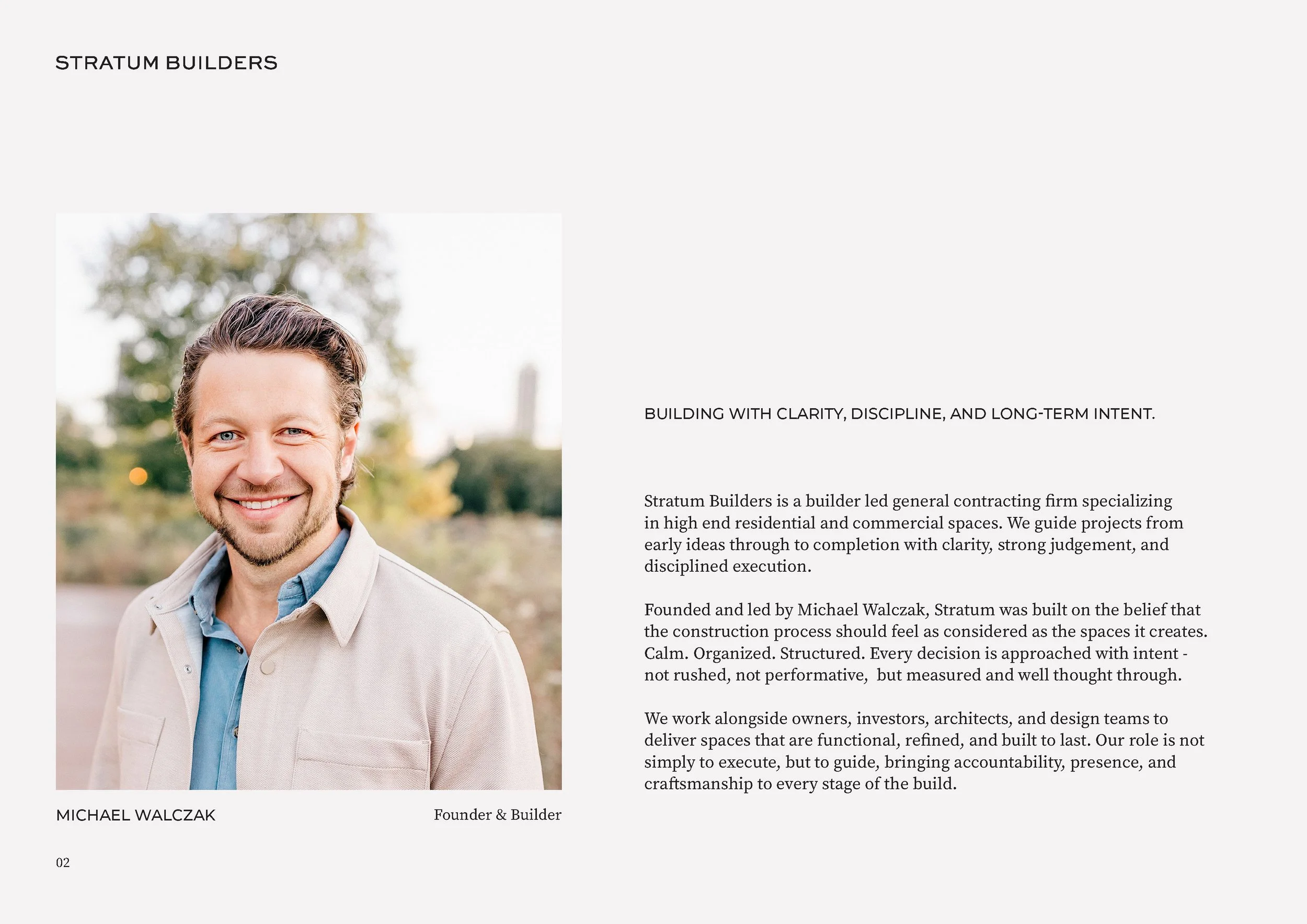 Michael Walczak founder profile in Stratum Builders brand booklet