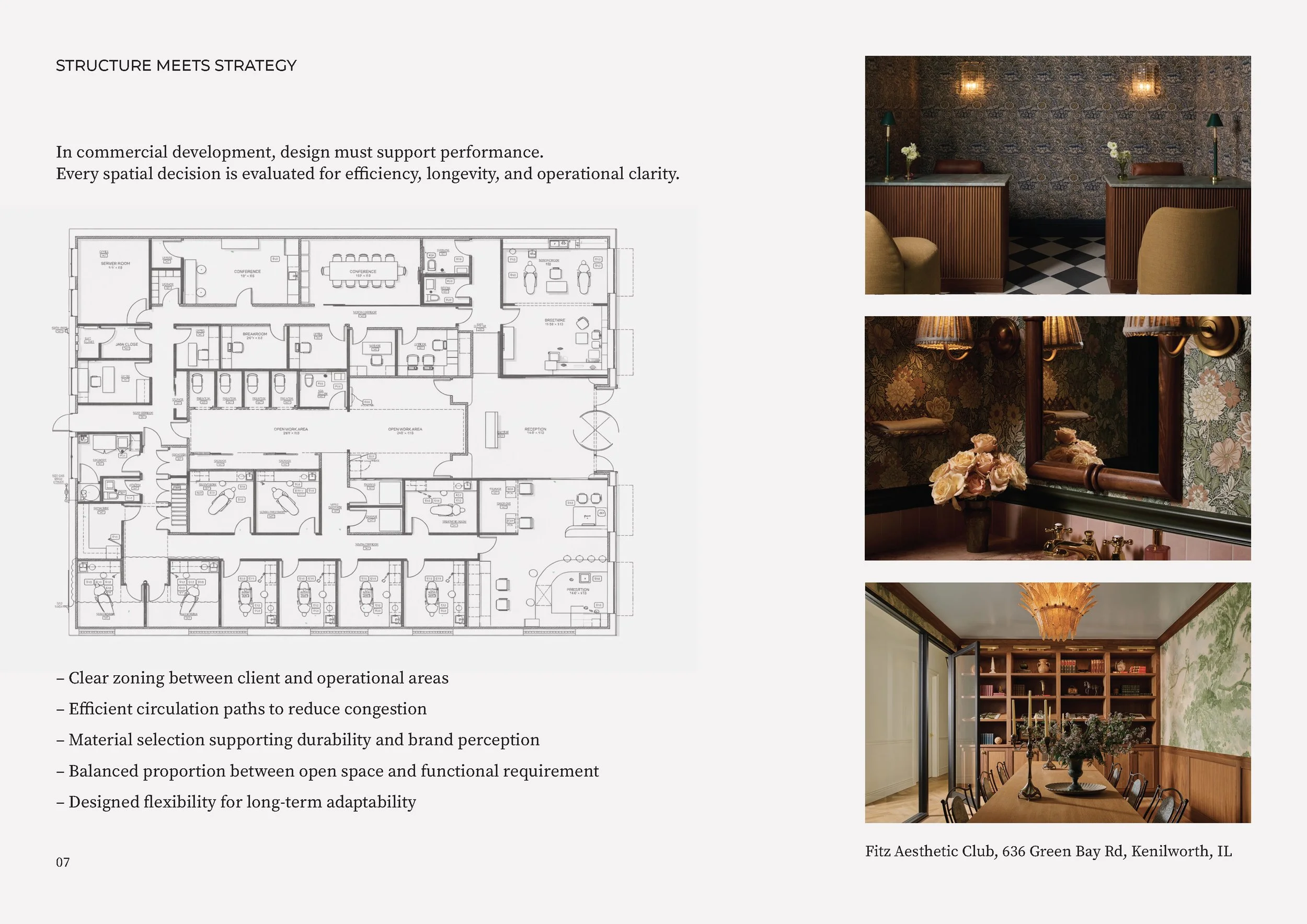 Page in stratum builders brand booklet showing a floor plan and interior design photos