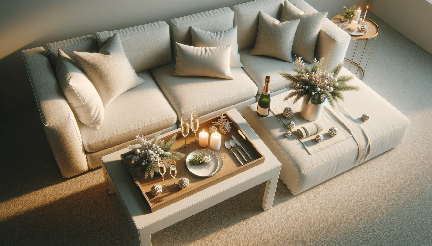 Living room decorated for Christmas with a beige sofa, throw pillows, a white coffee table with Christmas ornaments, candles, and a champagne bottle, and a side table with candles and holiday decorations.