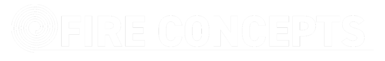 Logo for Fire Concepts with a black and white spiral graphic on the left and the words "FIRE CONCEPTS" in bold uppercase letters to the right, on a black background.