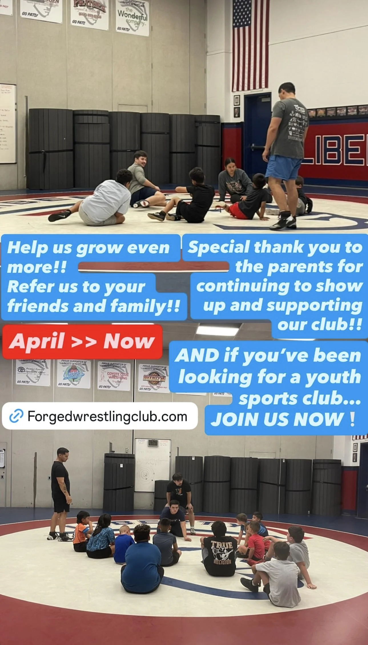 Children sitting in a circle on a wrestling mat in a gymnasium, listening to an instructor. Banners and American flag decorate the background. Promotional overlay text encourages joining a youth sports club.