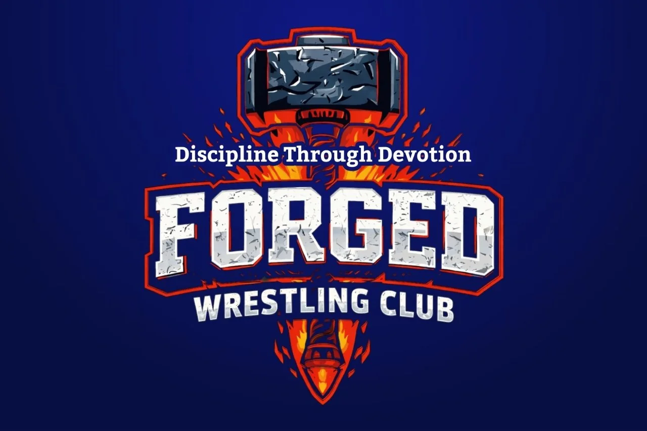 Logo for Forged Wrestling Club with a fiery sword and a television screen, and the slogan 'Discipline Through Devotion'.
