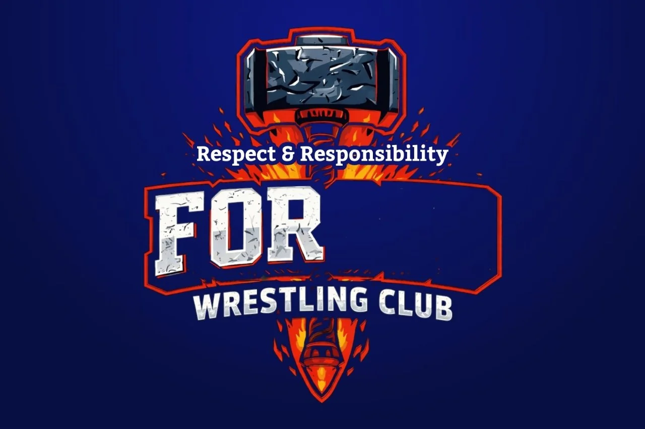 Graphic design for a wrestling club featuring a fiery torch, with the words 'Respect & Responsibility' above and 'For Wrestling Club' below.