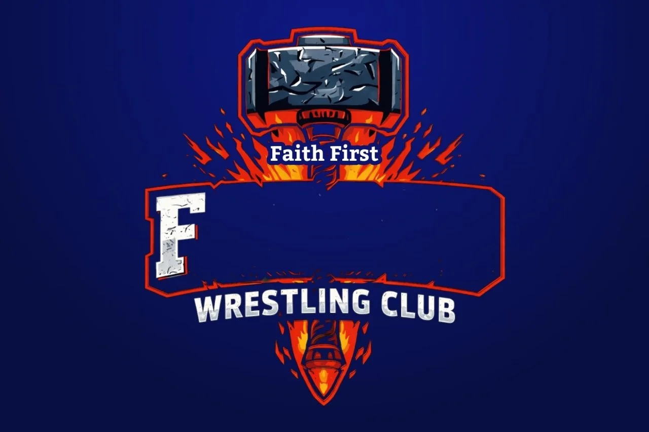 Wrestling club logo with a fiery wrestling mat and wrestling shoe, featuring the text 'Faith First' and 'WRESTLING CLUB'.