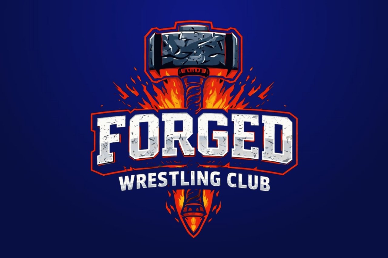 Logo of Forged Wrestling Club featuring a hammer crashing into an anvil with flames and sparks.