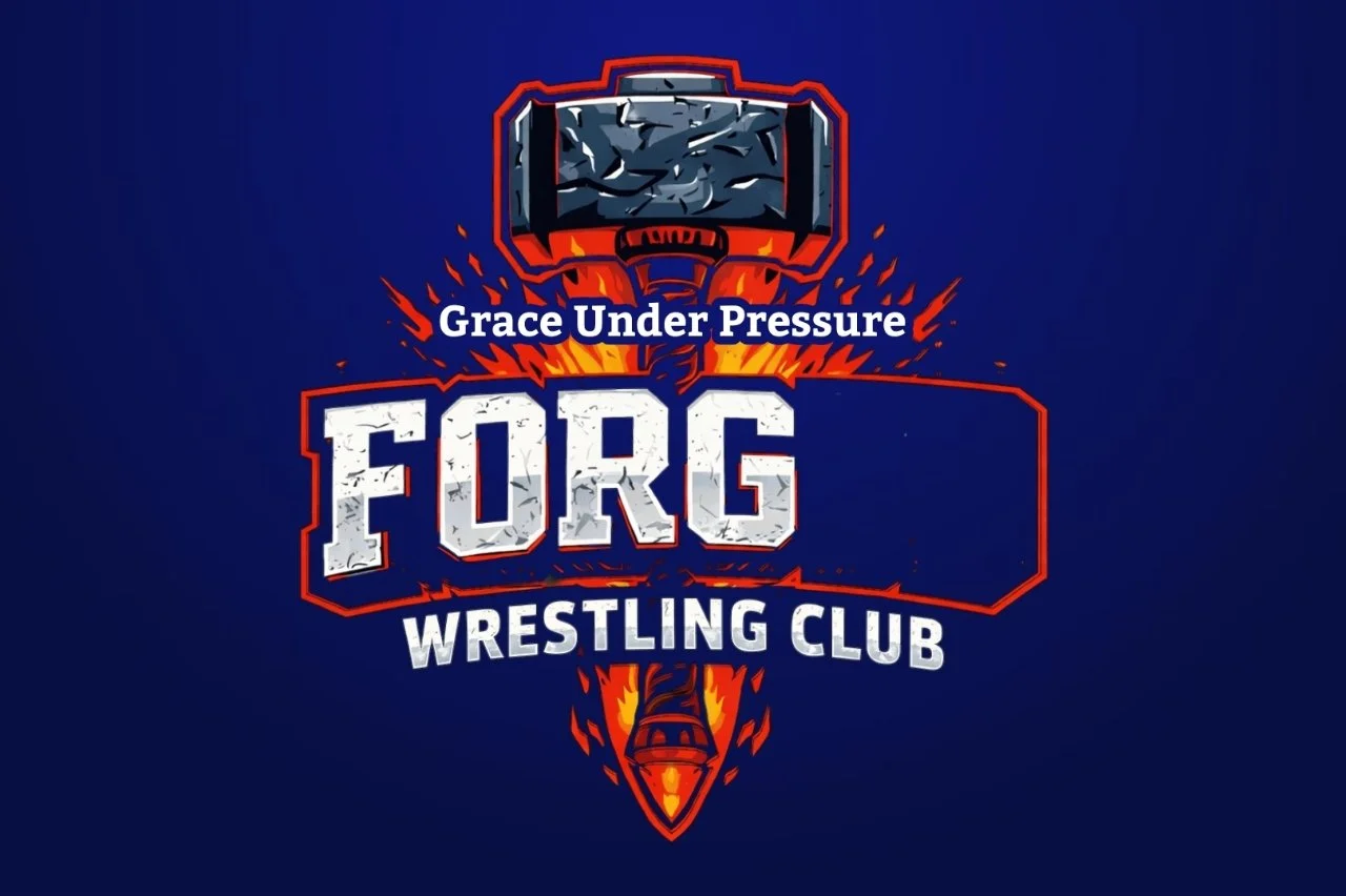 Logo for Grace Under Pressure Wrestling Club featuring a stylized torch with flames and a distressed text style.