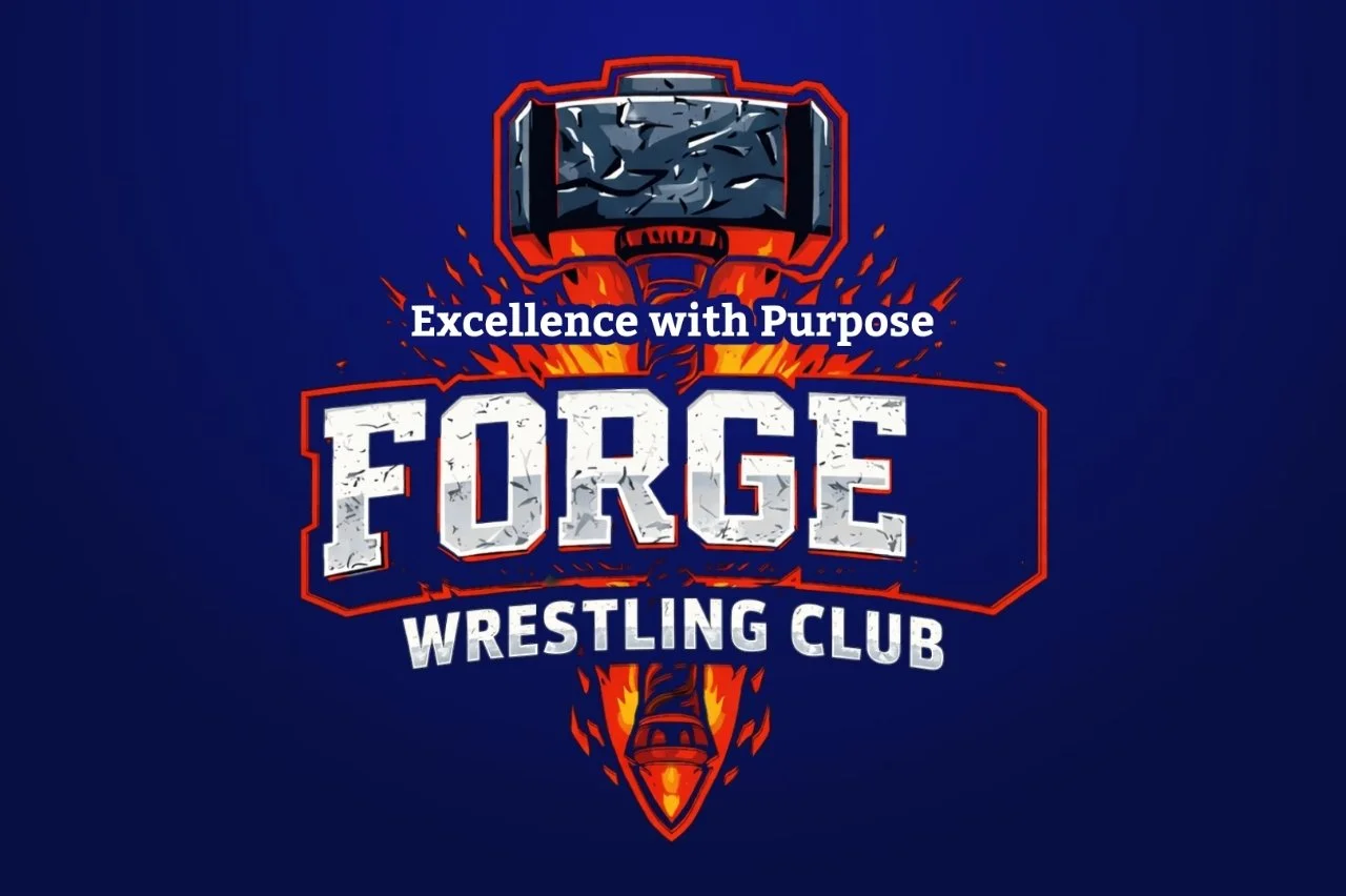 Logo for Forge Wrestling Club with a stylized torch and slogan 'Excellence with Purpose' on a blue background.