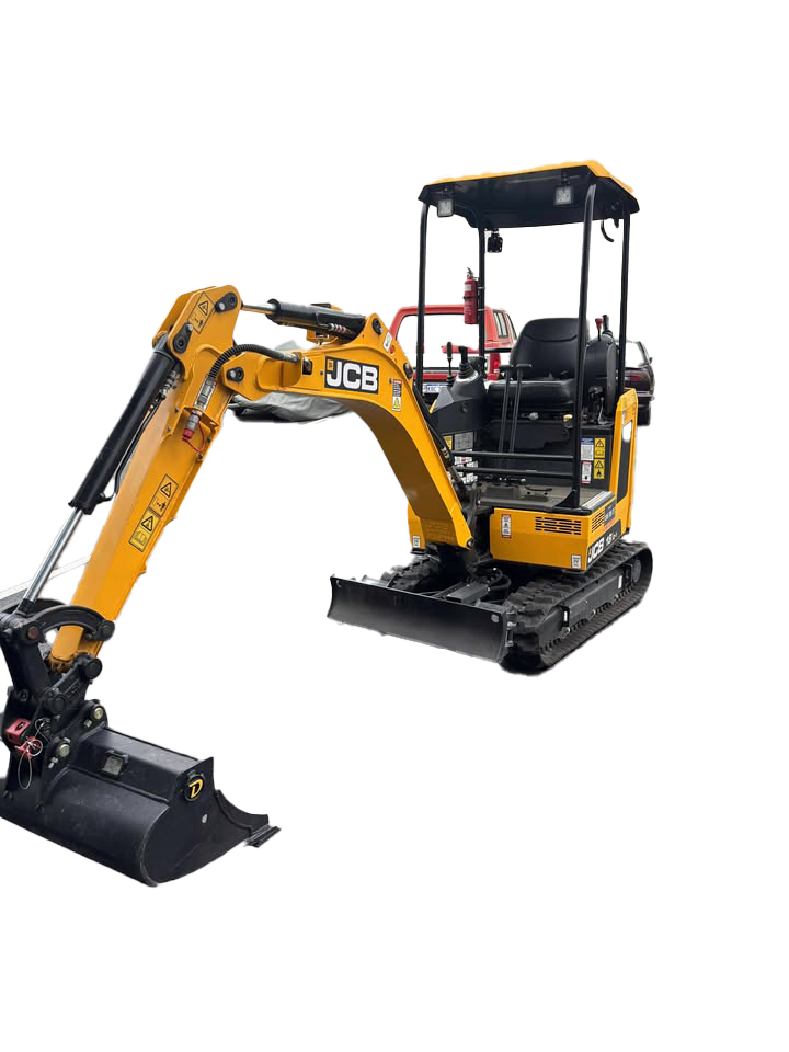 A small yellow JCB excavator with a black bucket attachment, construction equipment, and a covered operator seat, positioned on a plain background.
