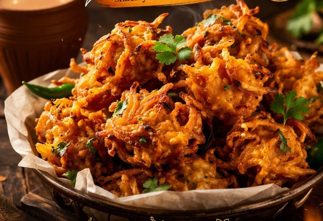 Bowl of crispy, fried onion bhajis garnished with cilantro, served on parchment paper within a dark wire basket.