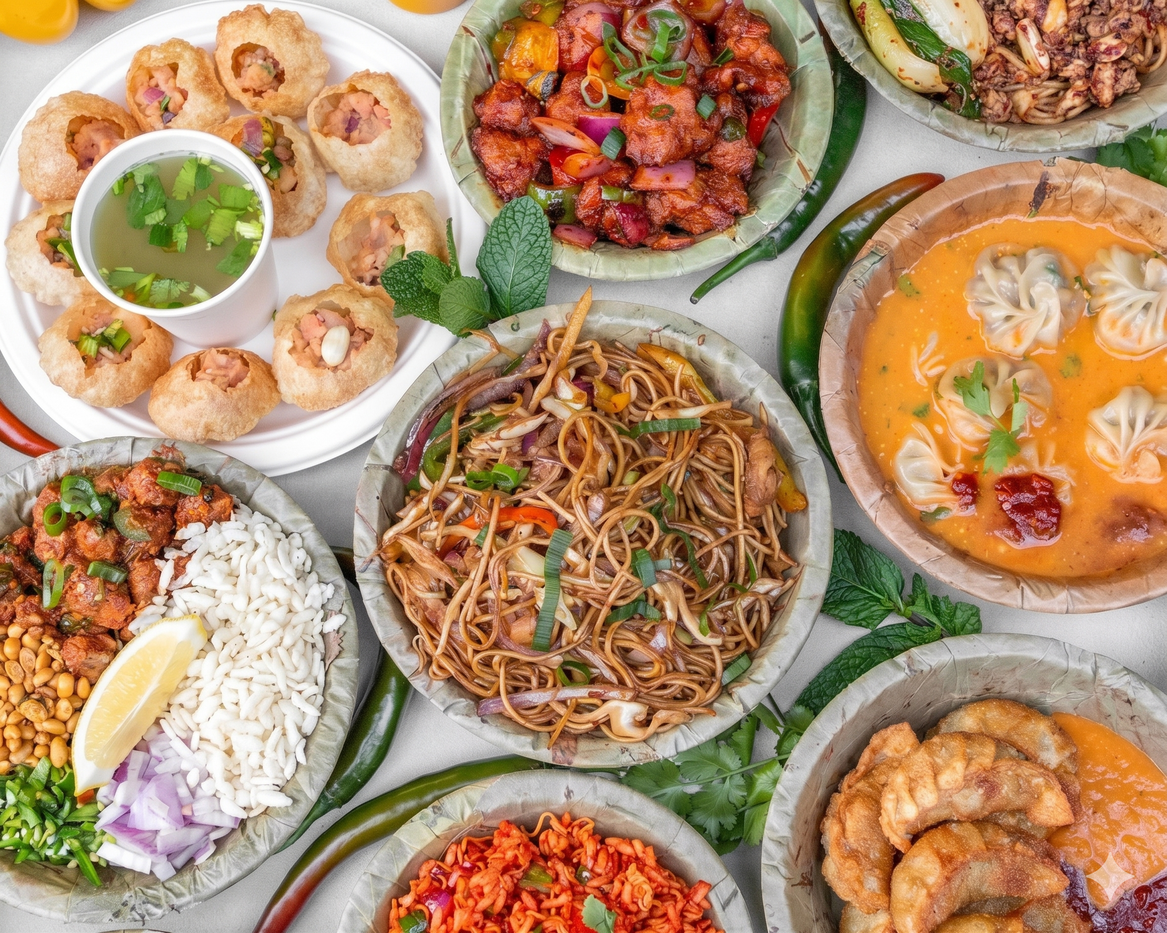 A variety of Indian dishes on plates and bowls, including fried appetizers, stir-fried vegetables, noodles, curry, dumplings, and rice, garnished with herbs and lemon slices.