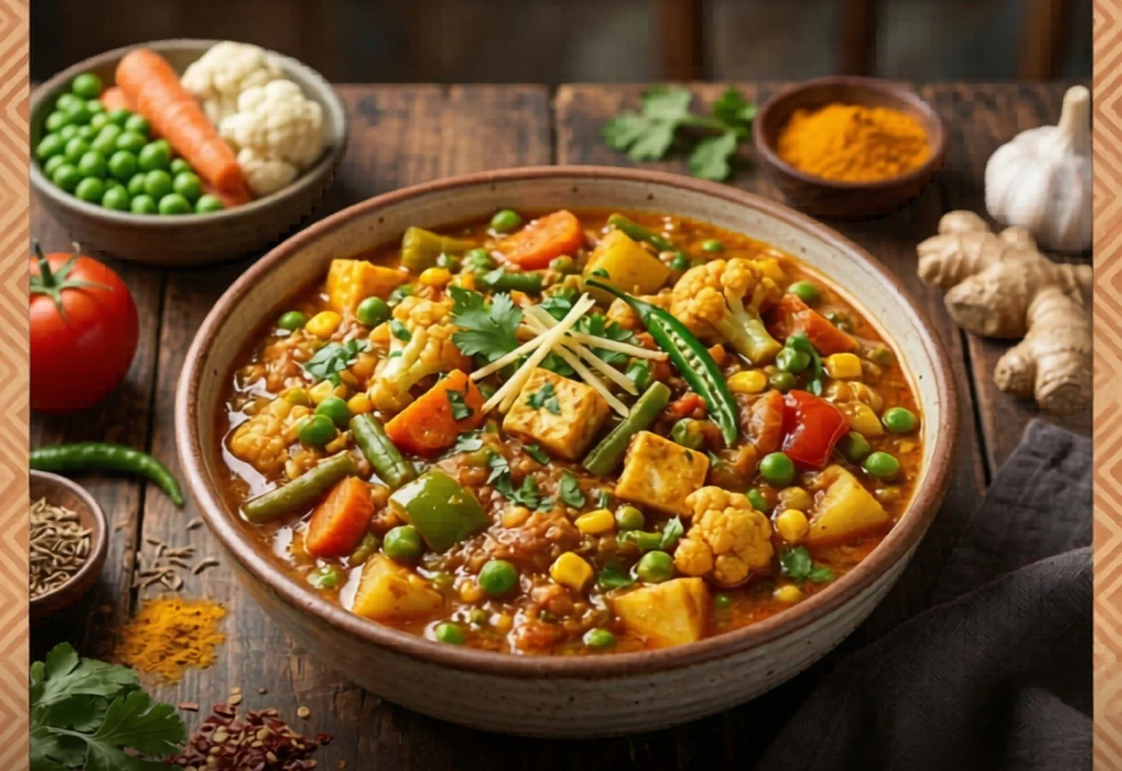 A bowl of vegetable curry with green peas, carrots, cauliflower, corn, potatoes, and herbs on a rustic wooden table, with fresh vegetables and spices around.