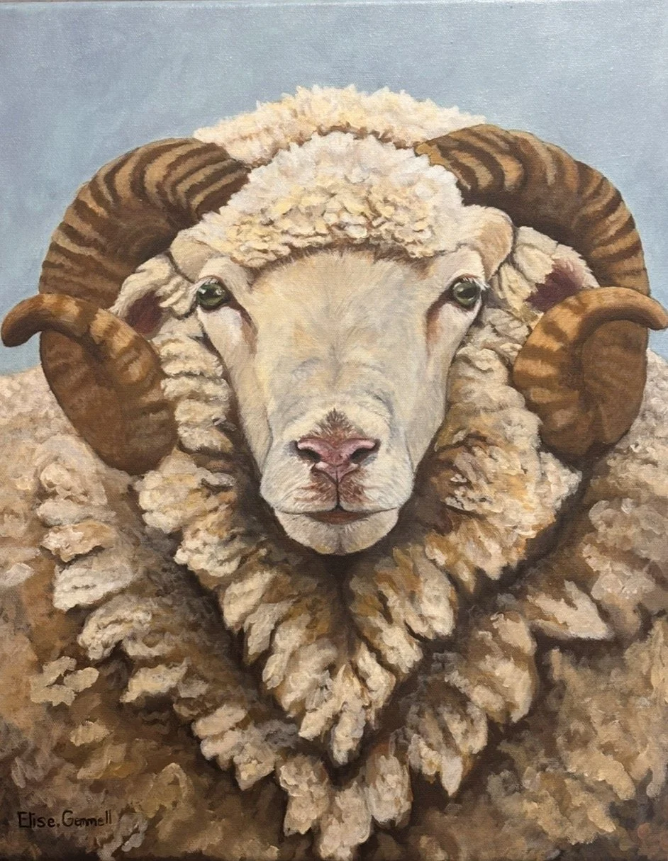 A realistic painting of a sheep with the horns of a ram, staring forward against a blue background.