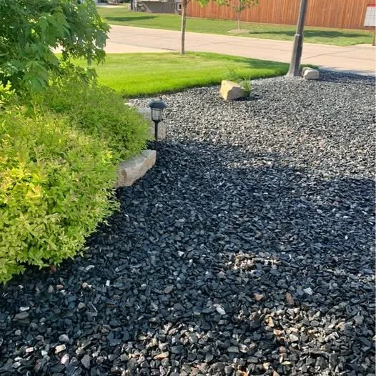 A garden bed with green bushes, a small black lamp, and black gravel mulch with a few rocks, located near a sidewalk and street.