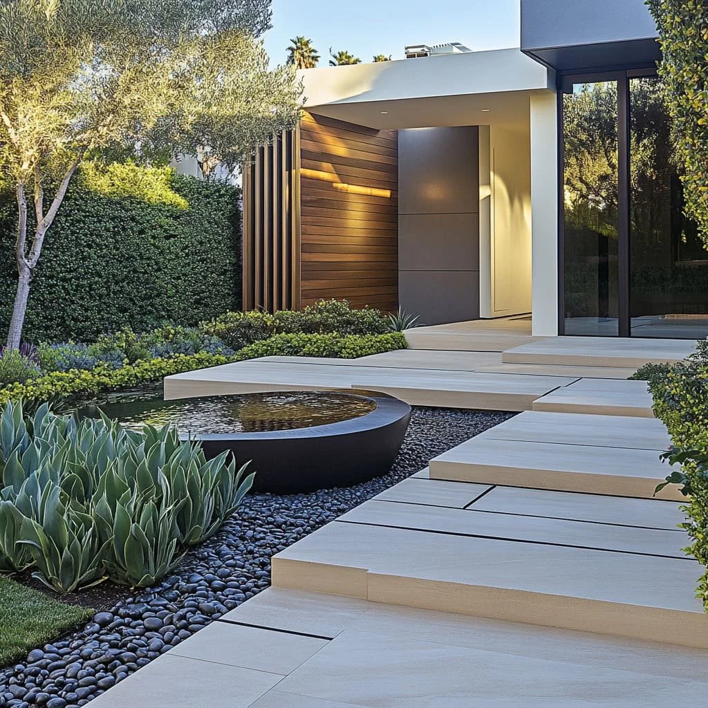 Modern house exterior with a white entry door, brown wood paneling, large sliding glass doors, and a landscaped garden with a pond, succulents, and trees.
