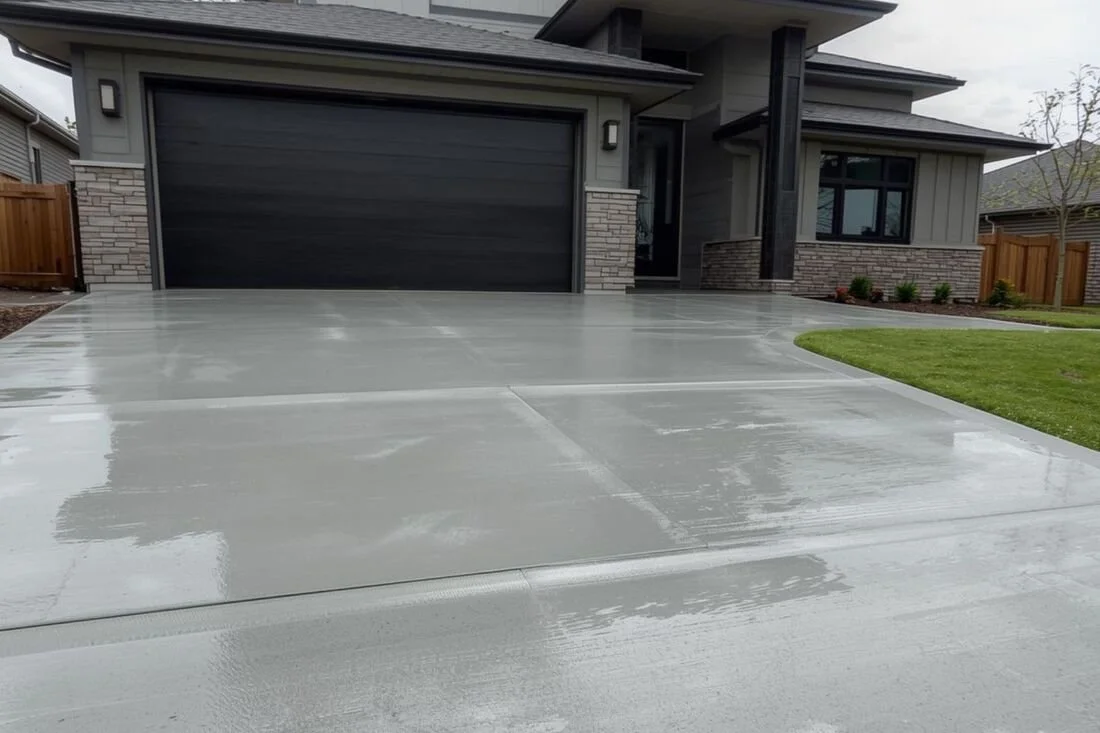 Wet concrete driveway in front of a modern house with a closed black garage door, a gray exterior, and a small lawn area.