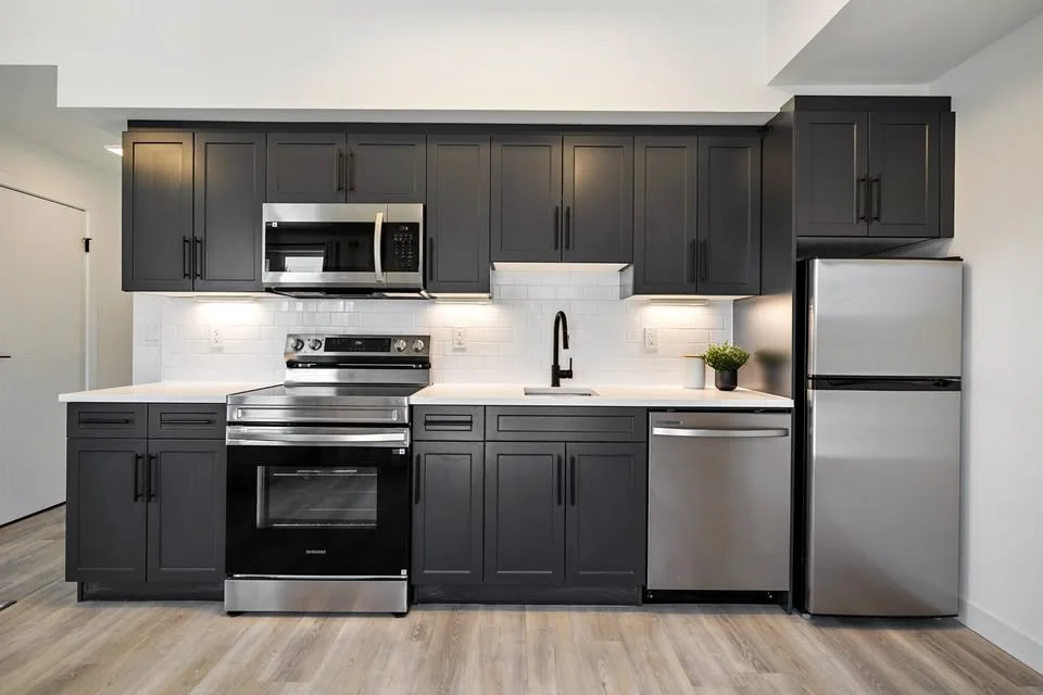 Modern kitchen with dark gray cabinets, stainless steel appliances, white subway tile backsplash, and a small potted plant on the counter.