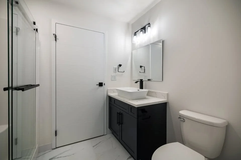 Modern bathroom with a white door, a glass shower enclosure on the left, a black vanity with a white vessel sink, a large mirror, and a white toilet on the right.