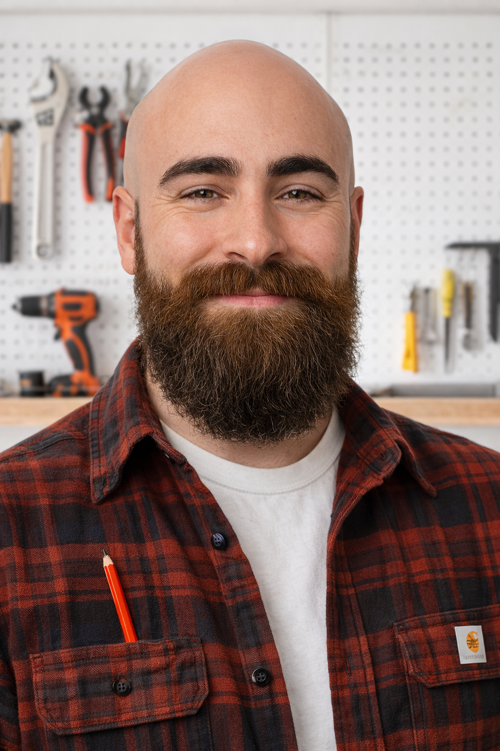 A smiling man with a beard and bald head wearing a red and black plaid shirt, standing in a workshop with tools on a pegboard in the background.