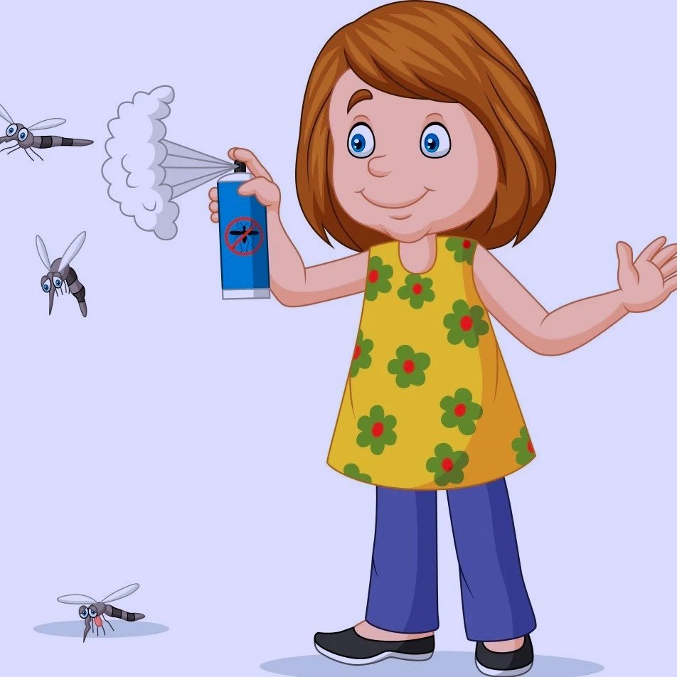 A cartoon girl in a yellow dress with red flowers using a spray can to spray insecticide on mosquitoes.