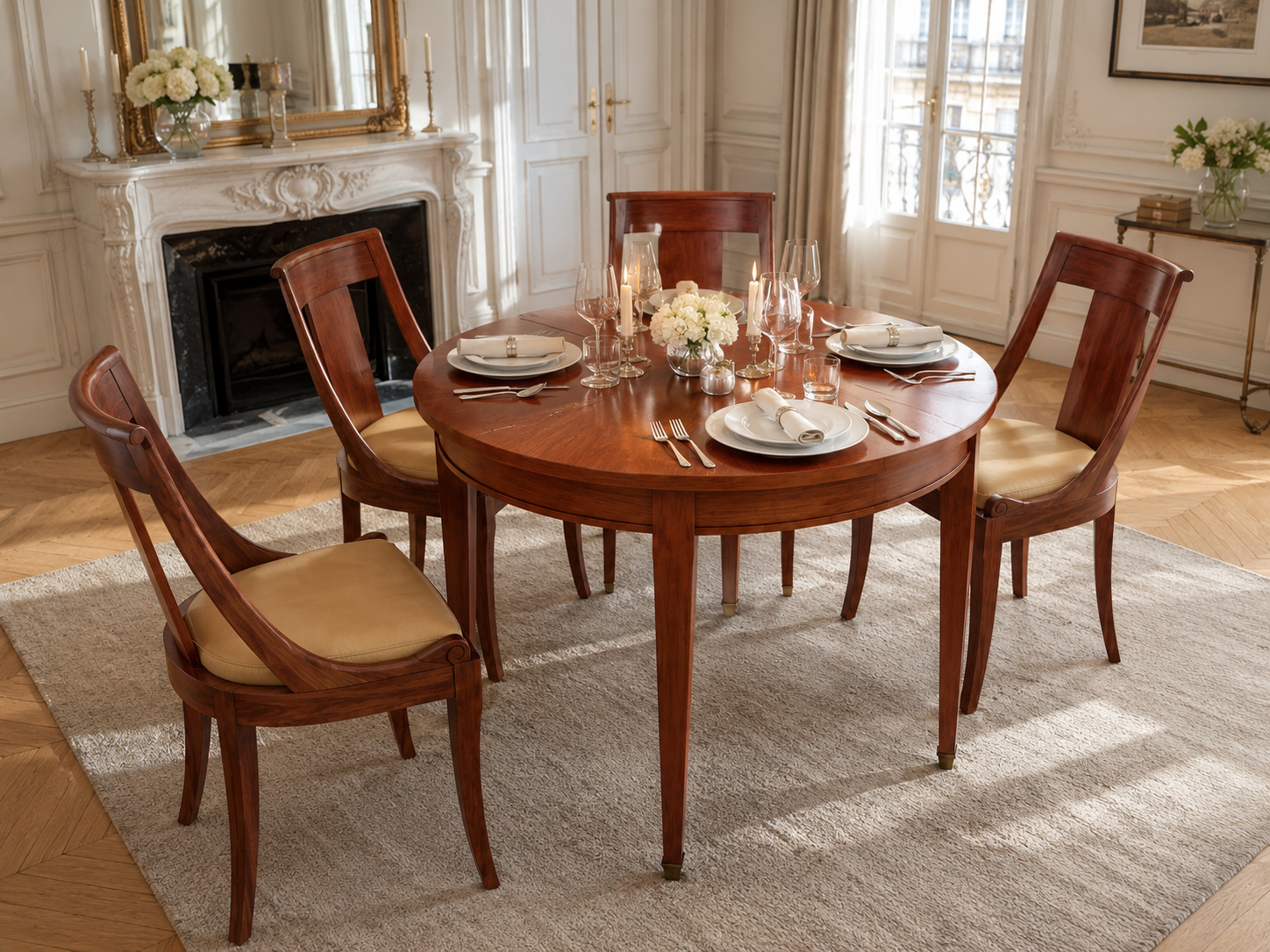 Elegant dining room with a round wooden table set with white plates, napkins, silverware, multiple wine glasses, candles, and floral centerpieces, surrounded by four matching wooden chairs with cream-colored cushions. The room features a white ornate fireplace, large windows with sheer curtains, a beige area rug, and decorative items including a mirror, vases with white flowers, and framed art.