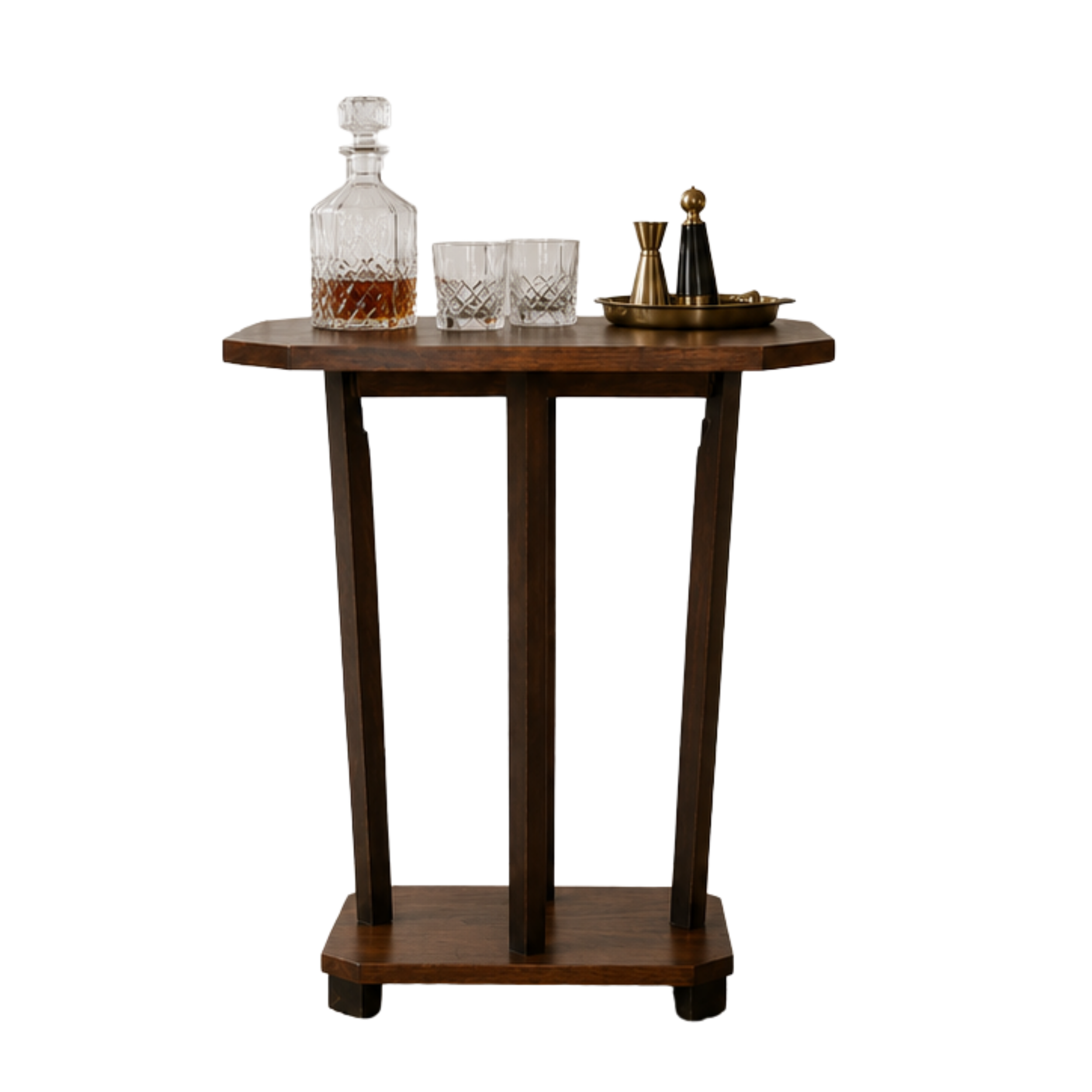 French art deco style wooden bar side table with a decanter and two glasses, along with a brass planter, all set against a plain light background.