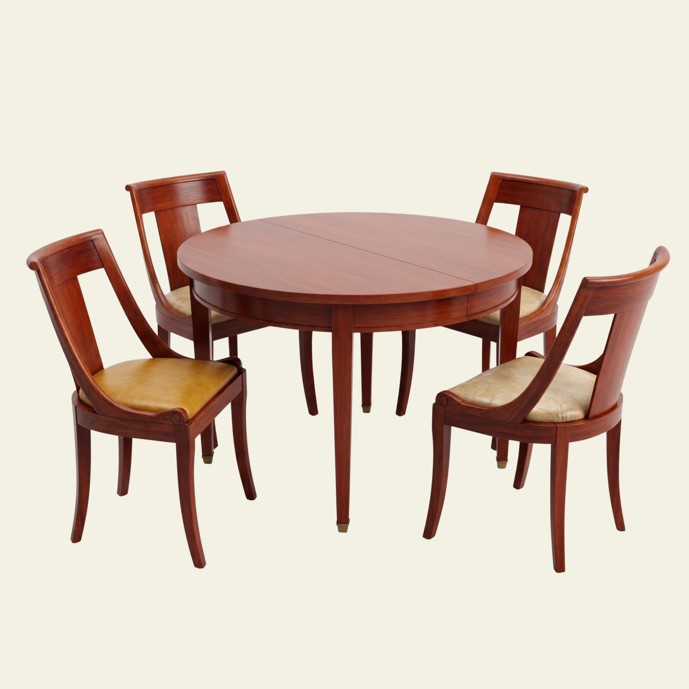 1850s French dining table with five matching wooden chairs arranged around it and pushed in, against a plain light-colored background.