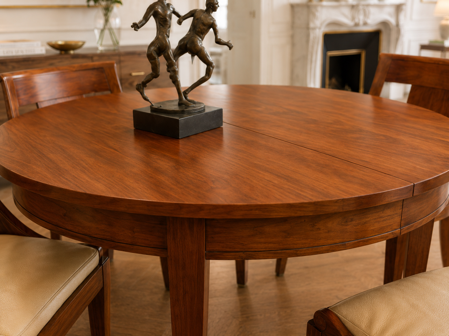 Round wooden dining table with a bronze sculpture of two running children as a centerpiece in a room with a fireplace and chairs.