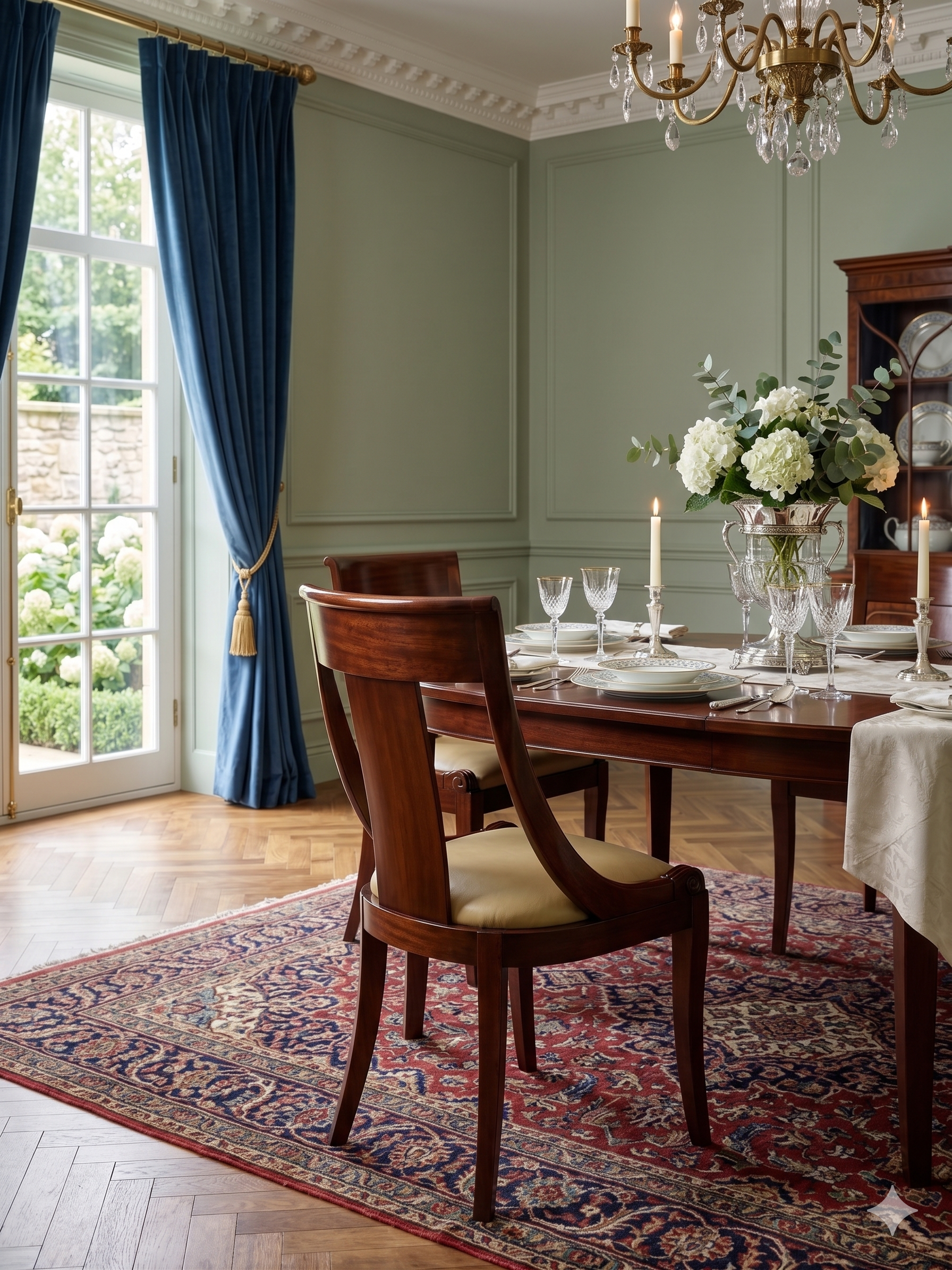 A dining room with a wooden table, a floral centerpiece with white flowers and green leaves, glassware, and candles. A Persian rug is under the table. There are blue curtains by a large window, and a wooden china cabinet in the background. A chandelier hangs from the ceiling.