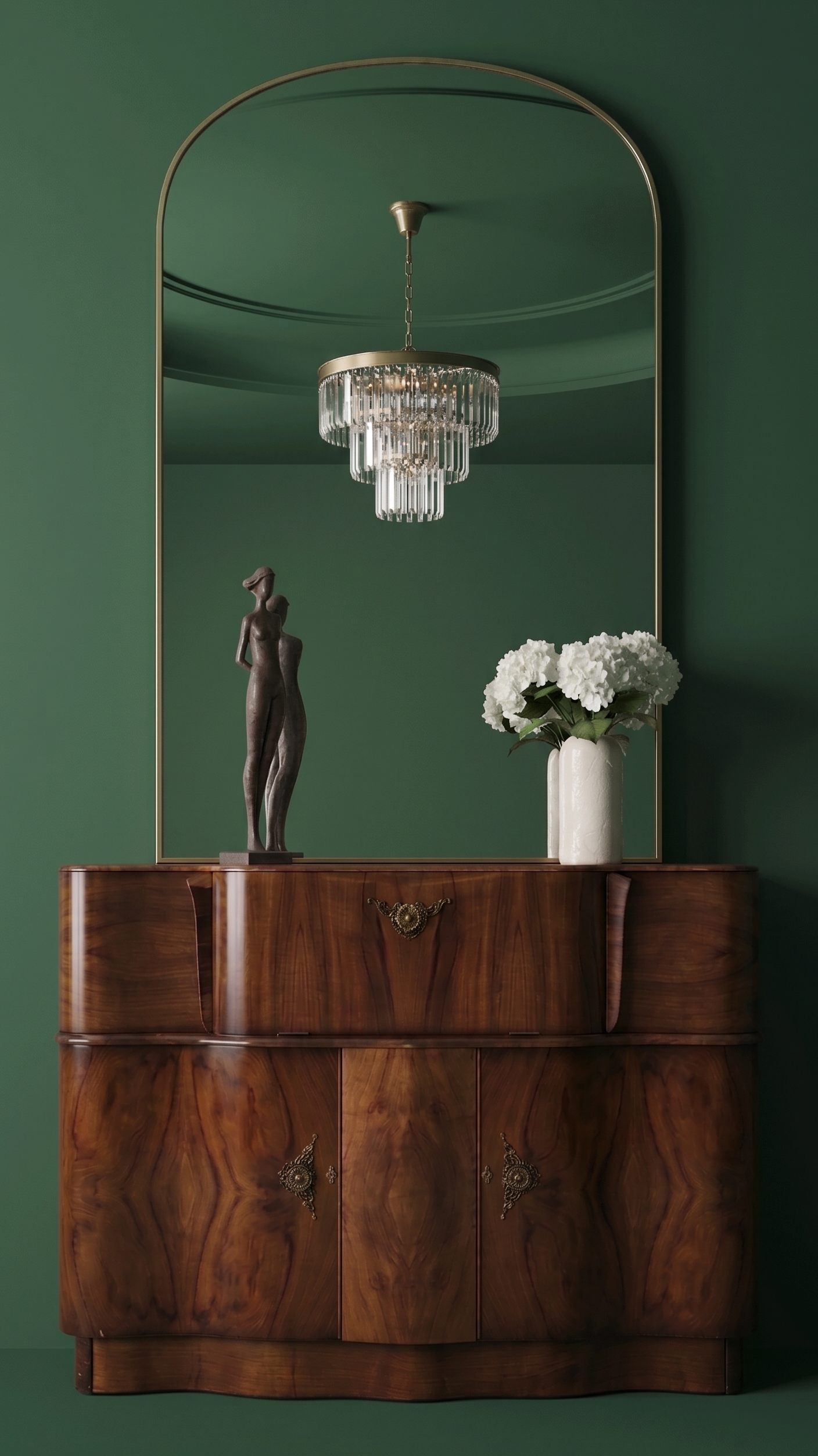 A wooden antique sideboard against a dark green wall, with a large mirror above it. On the sideboard, there is a tall, abstract metallic sculpture of a female figure, and a white vase holding white hydrangea flowers. A crystal chandelier is reflected in the mirror.
