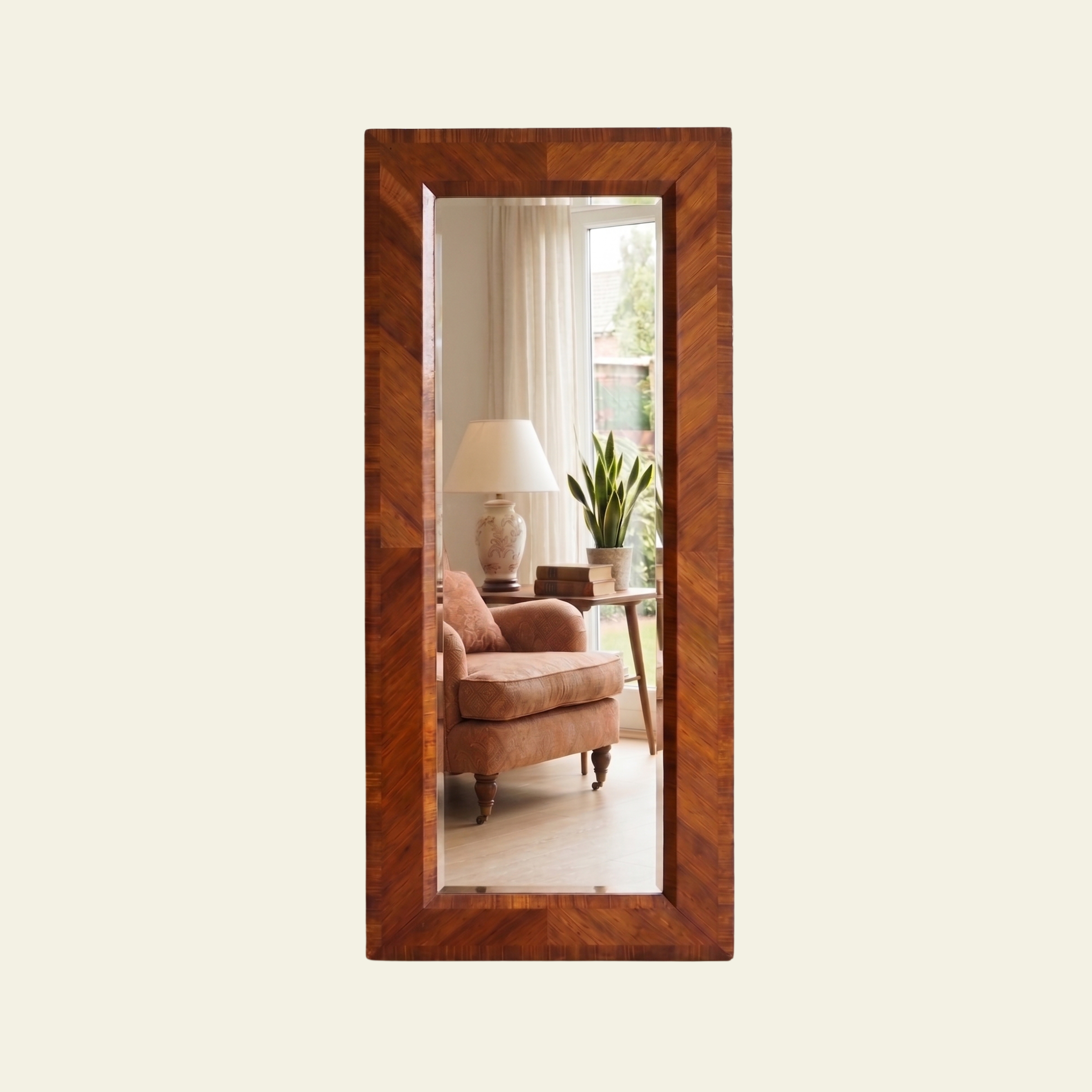French art deco style 1930s wooden framed mirror with exquisite rosewood crosshatch work.