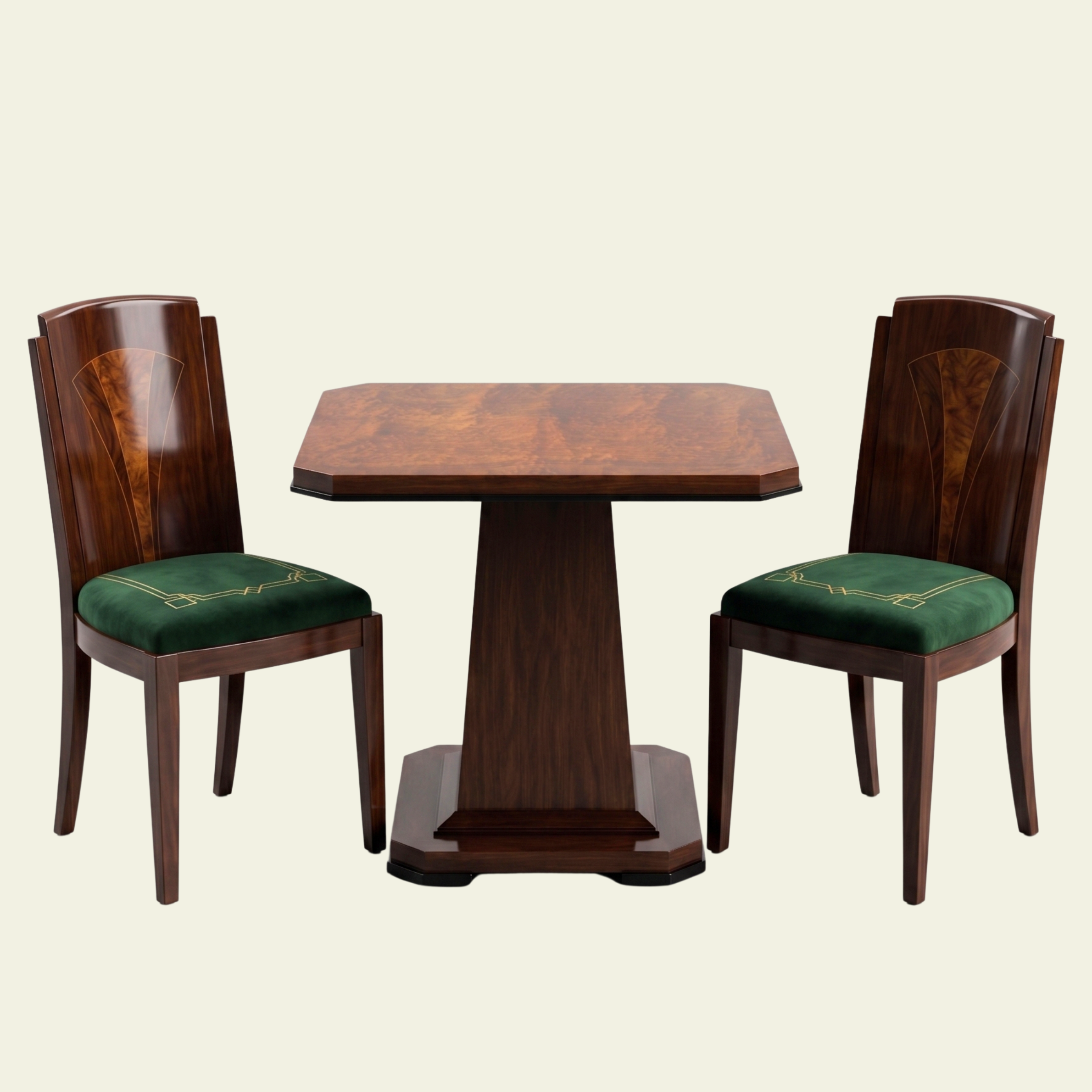 French art deco style wooden dining table with two matching chairs, set against a light-colored wall.