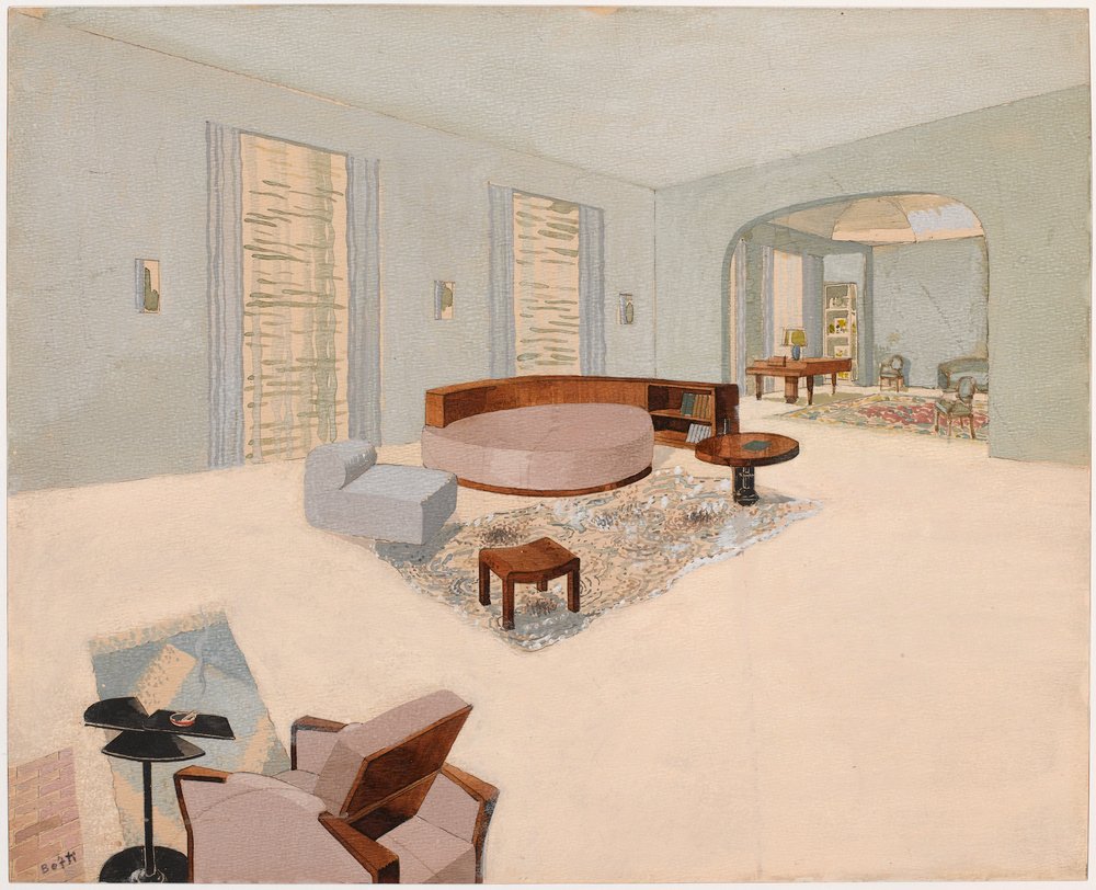 A spacious, light-filled living room with pastel green walls, large windows dressed with sheer curtains, and various mid-century furniture including a curved wooden sofa, a gray armchair, coffee tables, and a patterned area rug. There is a hallway with an arch leading to another room with additional furniture.