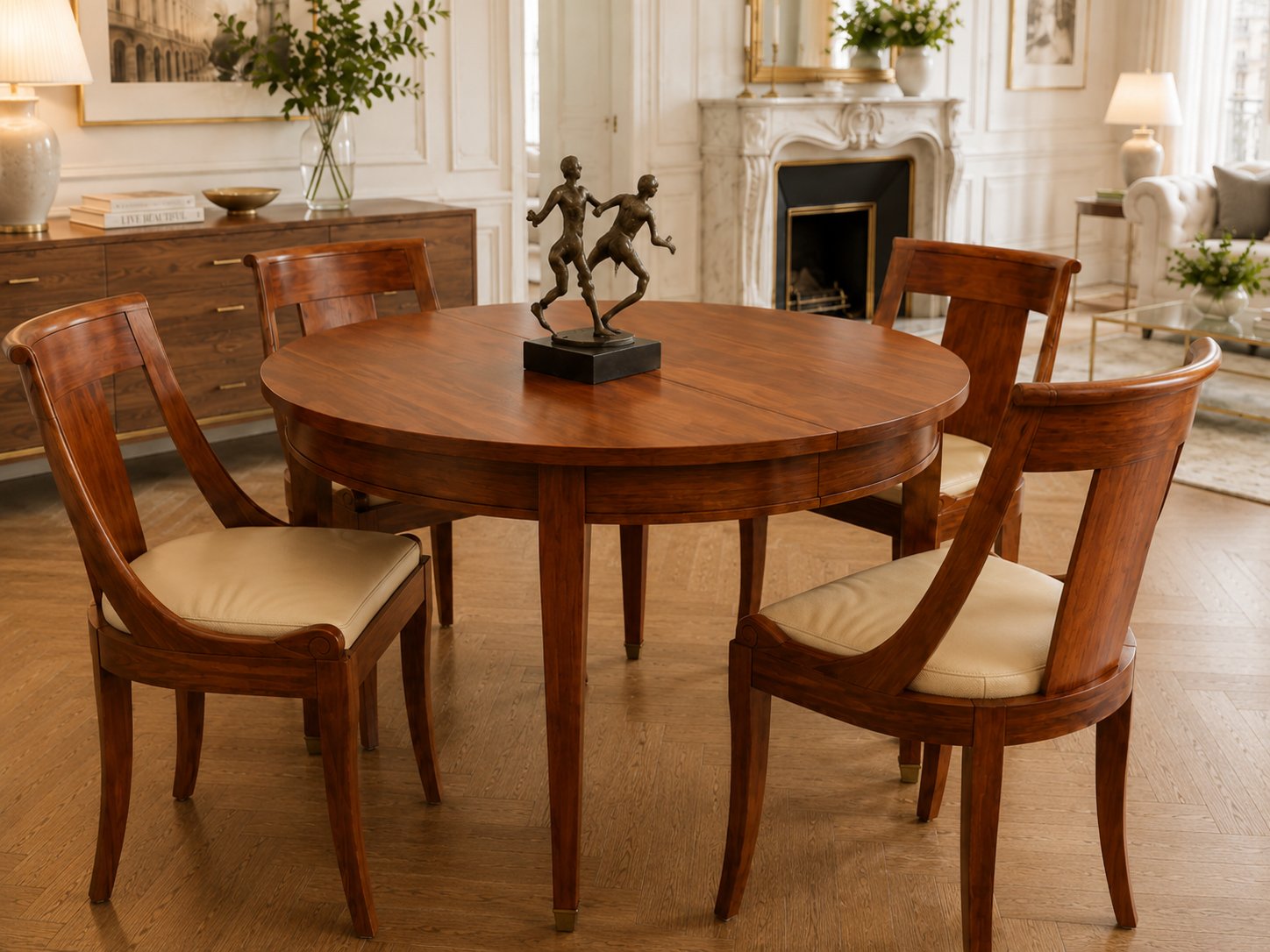 A round wooden dining table with four matching chairs in a well-decorated living room, featuring a sculpture of two children running, a fireplace, and elegant decor.