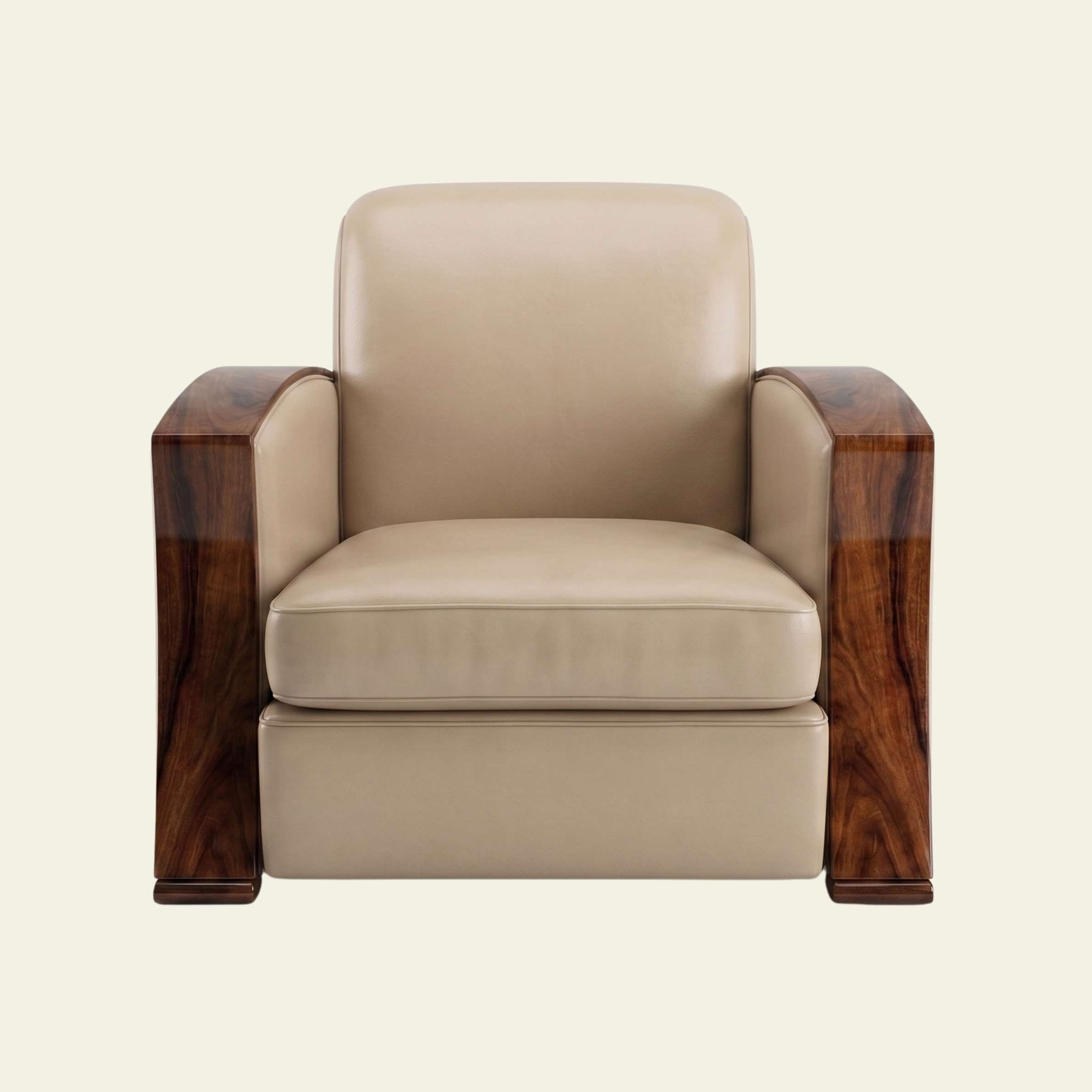 French art deco oceanliner style beige armchair with rosewood armrests and legs against a plain light beige background.