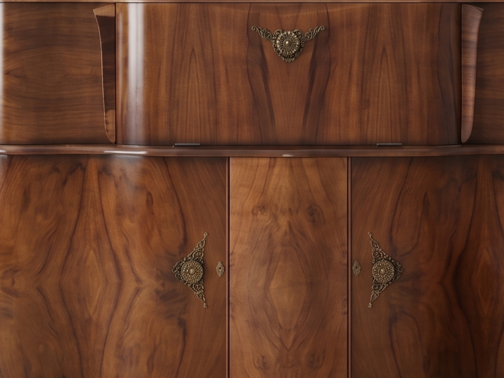 Close-up of a vintage wooden cabinet with decorative metal handles and edges.