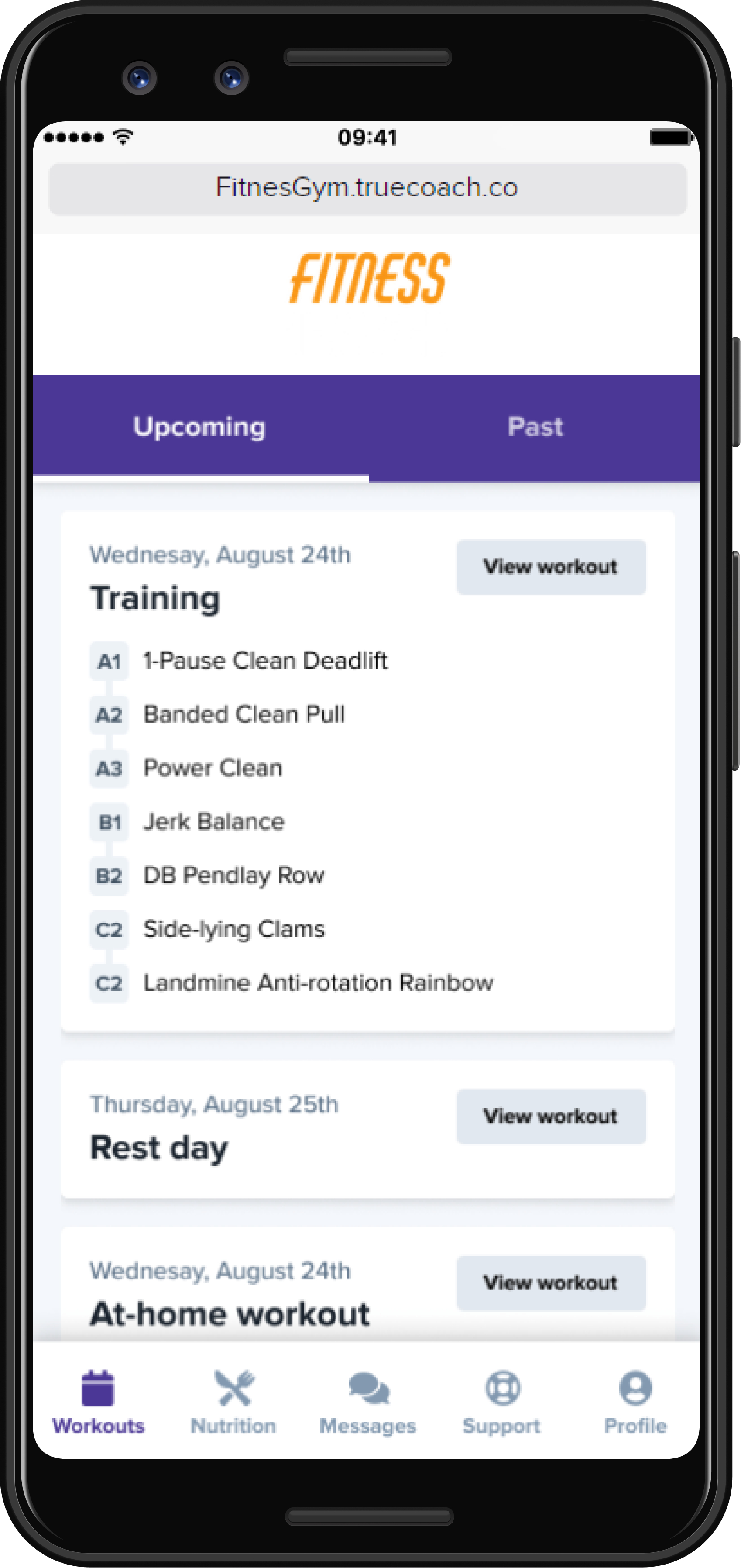 Mobile phone screen showing a fitness app with upcoming workout schedule, including training exercises and rest days.