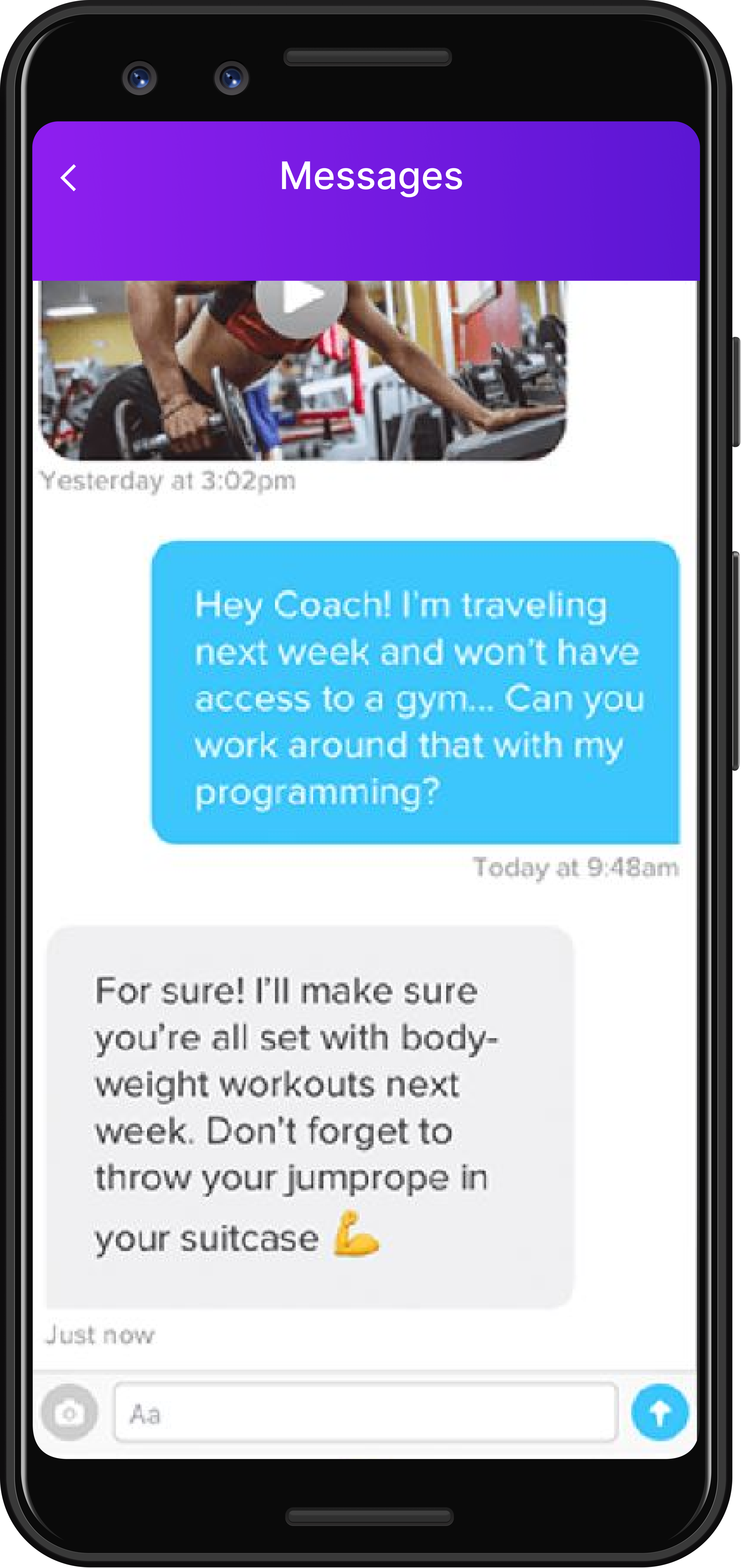 Smartphone screen displaying a messaging app with a conversation between a client and a coach, including a photo of a person exercising in a gym.