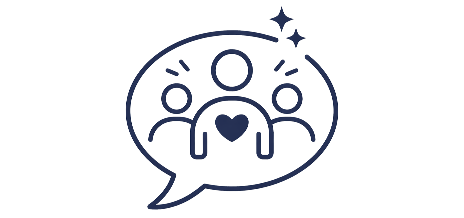 Line drawing of three people inside a speech bubble with two stars above, and a heart on the chest of the central figure.