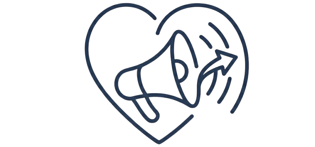 Minimalist line drawing of a heart with a megaphone inside, symbolizing love and communication.