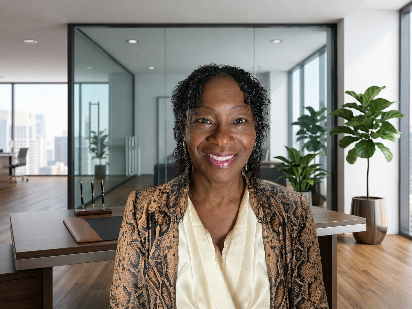 Smiling African American woman in an office with large windows and potted plants.