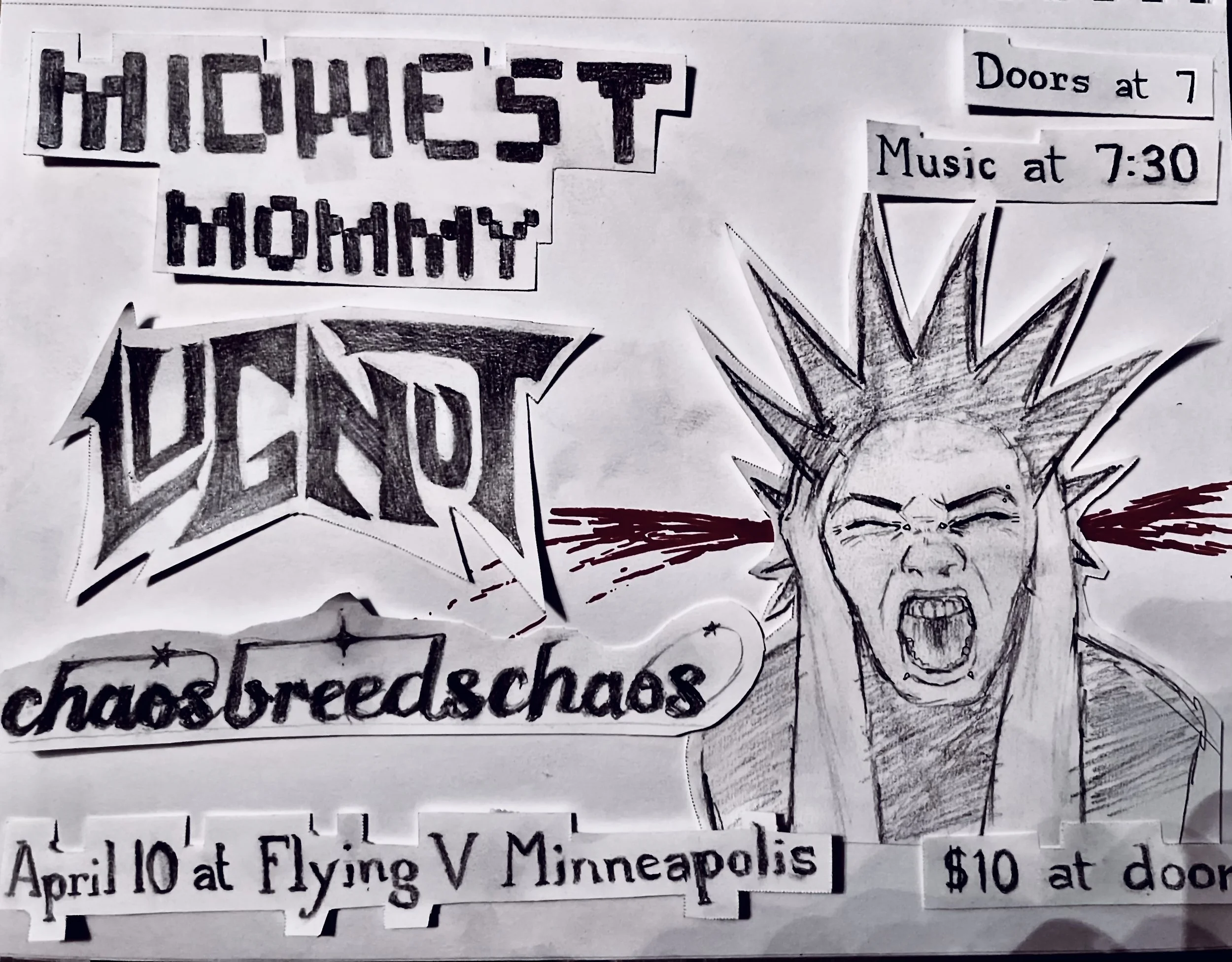 Black and white hand-drawn poster featuring the word 'NEXT' at the top, a large drawing of a human head with spiky hair, and text boxes indicating event details including dates, times, and locations.